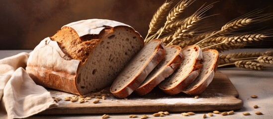 A staple food item, a loaf of bread made from gluten, sits on a wooden cutting board next to wheat ears. Baked goods are commonly used ingredients in various cuisines and dishes