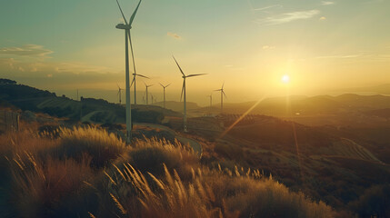 View of the wind power plant on the hill in the afternoon - obrazy, fototapety, plakaty