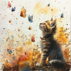 Playful Cat in an Artistic Watercolor Setting