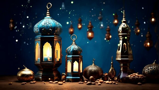A lentara on a table decorated with Islamic decorations Seamless looping 4k time-lapse animation video background
