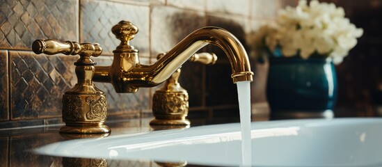 A luxury vintage brass faucet is seen running water into a bathroom sink. The faucets intricate design contrasts with the clean white sink basin as water cascades down.