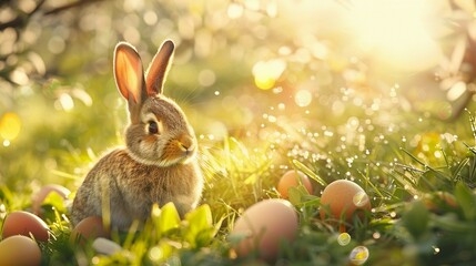 Fototapeta na wymiar Happy easter bunny in easter meadow with eggs