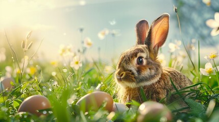 Fototapeta premium Happy easter bunny in easter meadow with eggs