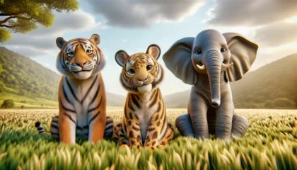 Stoff pro Meter Close-up of a group of 3d, cute animals looking straight at the camera with smiling expressions. Realistic safari, zoo wildlife background. Nature image. Ultra wide angle lens Funny animal.  © watcharin