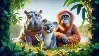  Close-up of a group of 3d, cute animals looking straight at the camera with smiling expressions. Realistic safari, zoo wildlife background. Nature image. Ultra wide angle lens Funny animal.  © watcharin
