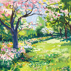 spring landscape with trees, 