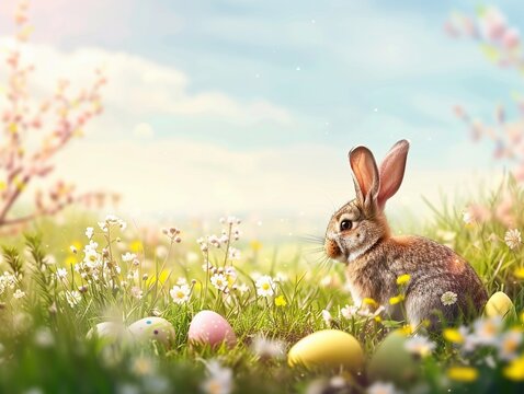 Happy easter bunny in easter meadow with eggs