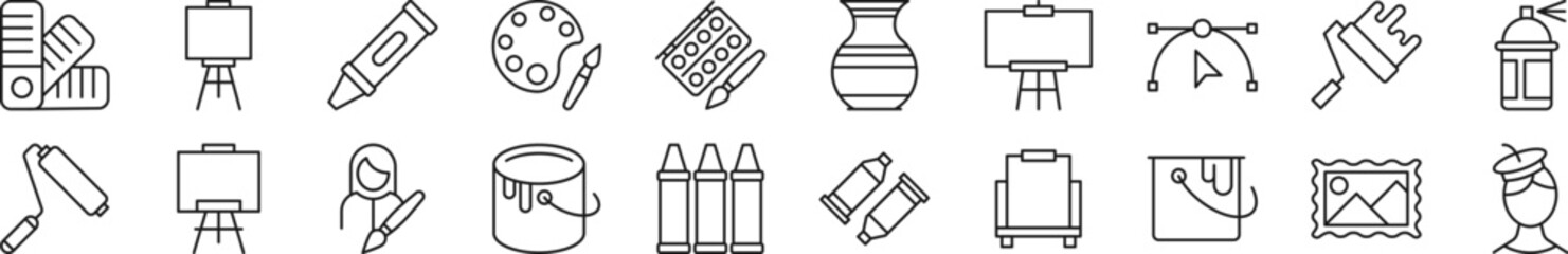 Collection of thin signs of artist. Editable stroke. Simple linear illustration for stores, shops, banners, design