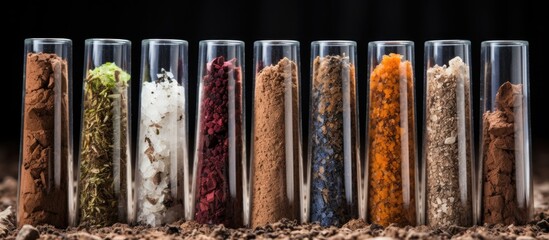 A row of test tubes filled with various types of soil, displayed as tableware art. The glass cylinders hold soil samples, creating a unique and aesthetic display of nature and science - obrazy, fototapety, plakaty