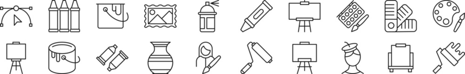 Pack of line icons of artist. Editable stroke. Simple outline sign for web sites, newspapers, articles book