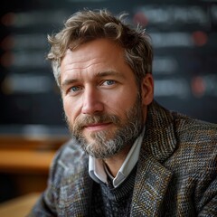 Foto retrato de profeso mirando a la camara sentado, con ojos azules y barba