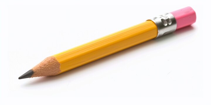 pencil and eraser, pencil with an eraser looks like a long stick, usually yellow or gray. It has a soft, pink or white eraser on one end, isolated white background