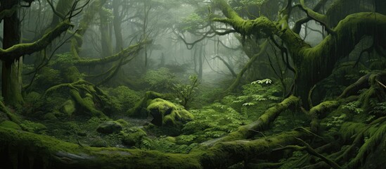 An enchanting natural landscape filled with lush green forests, where trees are adorned with moss,...