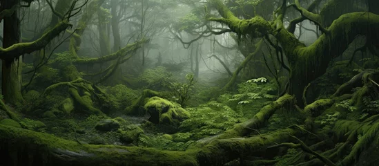 Keuken spatwand met foto An enchanting natural landscape filled with lush green forests, where trees are adorned with moss, ferns, and various terrestrial plants © 2rogan