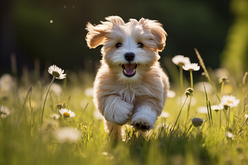 happy dog running in the grass