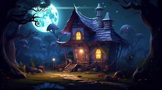 Moonlit Haven: Fantasy House Illuminated by the Full Moon
 Seamless looping 4k time-lapse virtual video animation background. Generated AI