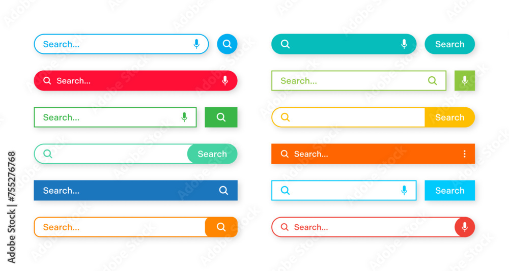 Poster Colorful search bar templates. Internet browser engine with search box, address bar and text field. UI design, website interface element with web icons and push button. Vector illustration