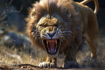 An angry male lion ready to bite .