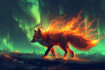 Obraz na płótnie Canvas A giant fox emitting burning flames from its body is walking, the background of the night sky is full of auroras
