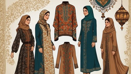 Design clip art featuring vintage-style illustrations of traditional Eid clothing, such as jubbas, abayas, kaftans, and hijabs. Add intricate patterns and textures to evoke a nostalgic feel.