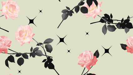 Floral seamless pattern, pink roses with black leaves on light green background - 755276990