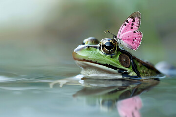 A pink butterfly landed on a green frog's head