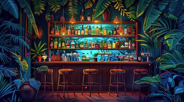 mini bar with Chair, Table, Bottles, and Lush Plant Seamless looping 4k time-lapse virtual video animation background. Generated AI