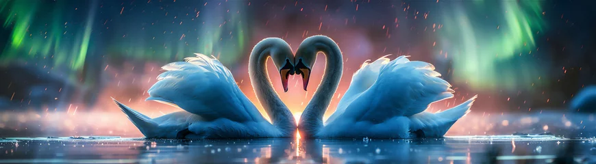Poster a pair of white swans in a coconut lake collide to form a heart, the background of the night sky is full of pink auroras. green, blue © Syukra