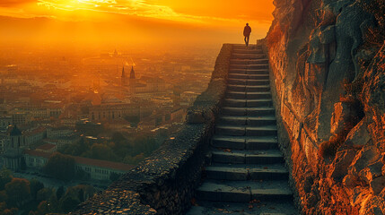 A dramatic escape up the steps of an ancient monument the city panorama spread below illustrating...