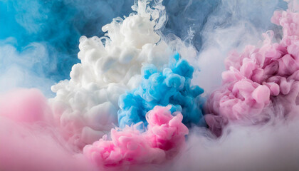 Fototapeta premium Background image of groups of pink, blue, and white colors of puffy chalk smoke in the air