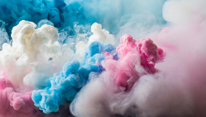 Background image of groups of pink, blue, and white colors of puffy chalk smoke in the air