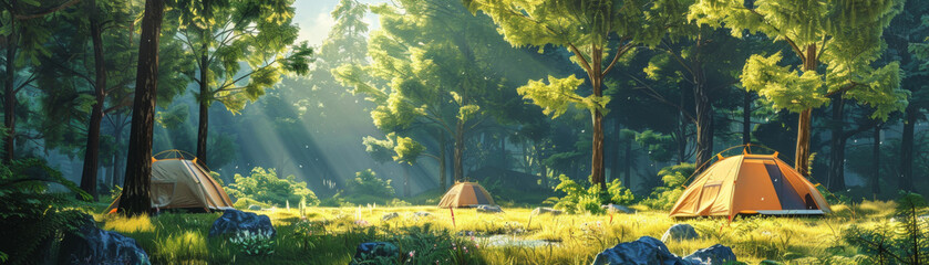 Three tents nestled in a tranquil forest clearing, bathed in the warm, dappled sunlight of early morning.