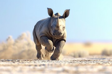 Baby Black Rhinoceros running over salty desert plains . - obrazy, fototapety, plakaty