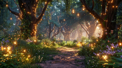 A magical forest pathway lit by fairy lights at dusk, creating a dreamlike evening ambiance.