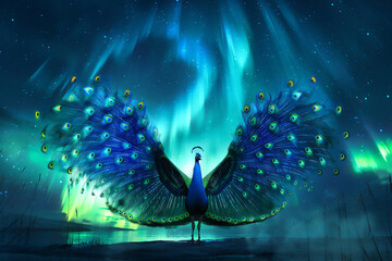 Peacocks spread their wings, the background of the night sky is full of auroras