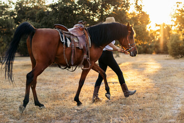 Young woman in hat walking with her horse in the countryside at sunset