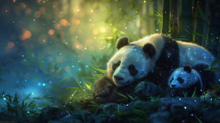 panda is sleeping with her cub, under a bamboo tree, subject on the right, empty space on the left,...
