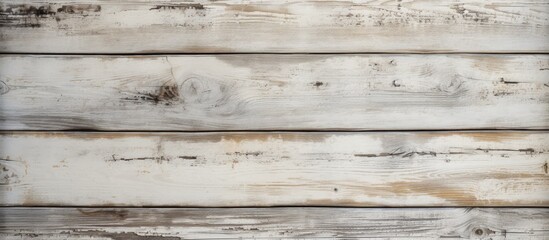 Close up of a rectangular grey hardwood plank with wood stain pattern on a white wooden wall siding, blurred background