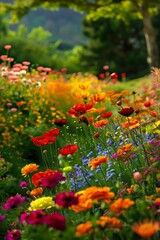 Image of brightly colored flowers garden tree background dream center focus rows bed floor picking flower butterflies flying vibrating color printed on Printed Glass Splashbacks