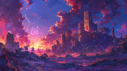Fantasy digital art landscape with towering structures and a dramatic purple sky at sunset.