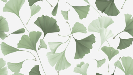 Seamless pattern, green ginkgo leaves on light brown background - 755278557