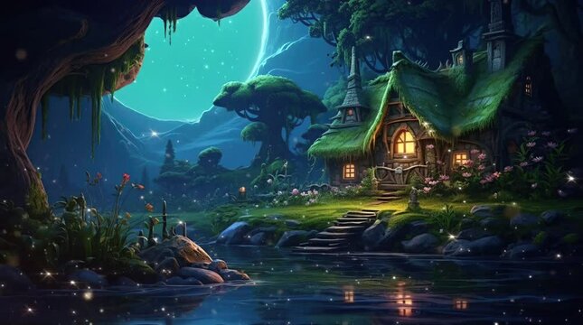 Enchanting green fantasy house nestled in the nocturnal forest
 Seamless looping 4k time-lapse virtual video animation background. Generated AI