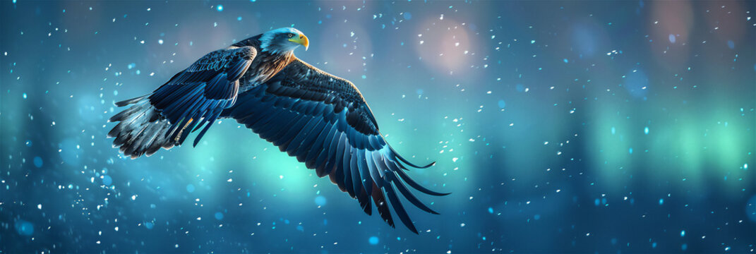 The flying eagle emits blue light on its body, the background of the night sky is full of pink auroras. green, blue