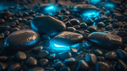 Bright stones on the floor, in light magenta and dark blue style, biomorphic shapes, dark cyan and black, complex texture, contrasting backgrounds
