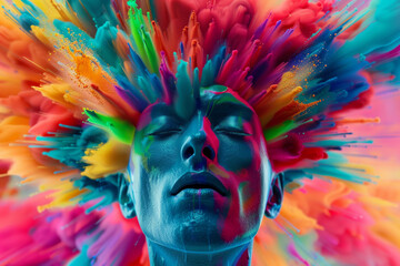 A close-up of a person's face with a vibrant explosion of paint colors resembling a headdress.