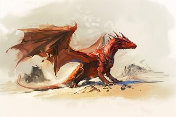red dragon long tail sharp illustration bright portrait air fire saw huge desert