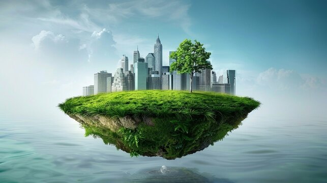 A floating island concept featuring a cityscape with skyscrapers and lush green grass, over water.