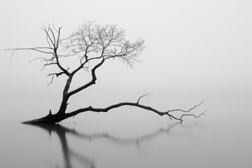 A solitary bare tree reflected in calm water against a misty background
