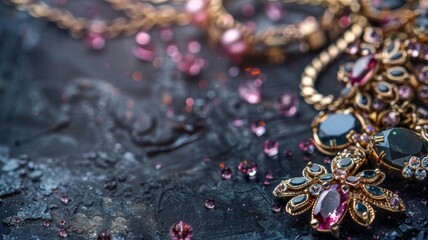 Elegant jewelry and pink gemstones on dark backdrop - Luxurious jewelry pieces with pink gemstones artfully placed on a dark backdrop, invoking feelings of romance and sophistication