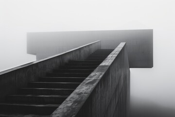 Monochromatic image of a concrete staircase ascending into fog with a minimalist architectural design